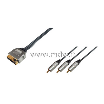 CAVO SCART VIDEO CONNETTORI 21 POLI MASCHIO - 3 X CINCH VIDEO RCA+ AUDIO STEREO CON SWITCH MT.5 (METALLO CROMATO) (AK-AV 540)