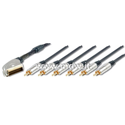 CAVO SCART CONNETTORI 21 POLI MASCHIO - 6 X CINCH (RCA) AUDIO-VIDEO RCA MT.5 (METALLO CROMATO CONTATTI DORATI) (AK-AV 538)