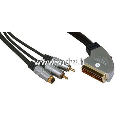 CAVO SCART VIDEO-AUDIO CONNETTORE SCART 21 POLI MASCHIO - SVHS 4 POLI + 2 CINCH (RCA) MT.5 (METALLO CROMATO) (AK-AV 534)
