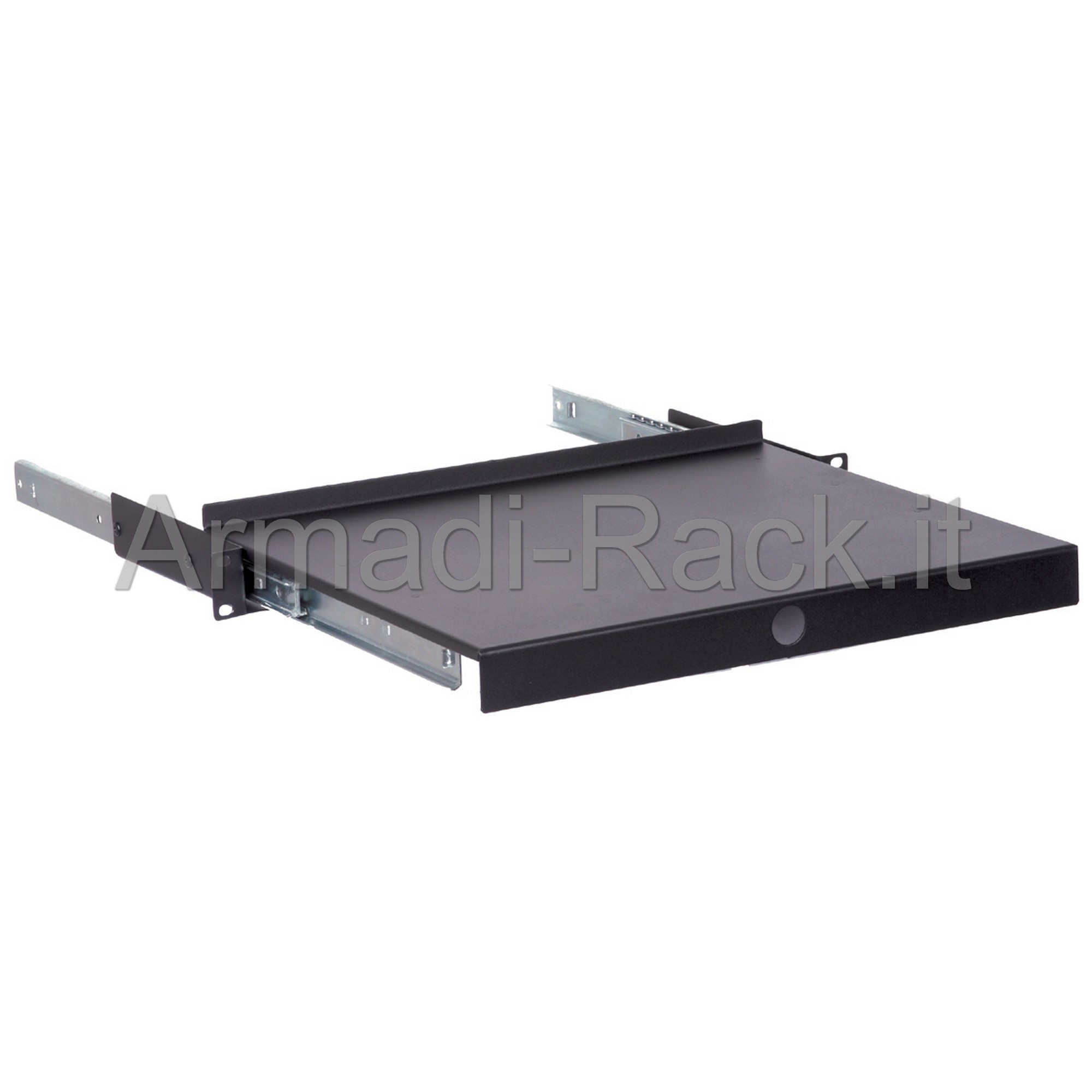 Ripiano estraibile su binari telescopici a 3 segmenti, profondo 370 mm, montaggio rack 1U sui soli montanti anteriori