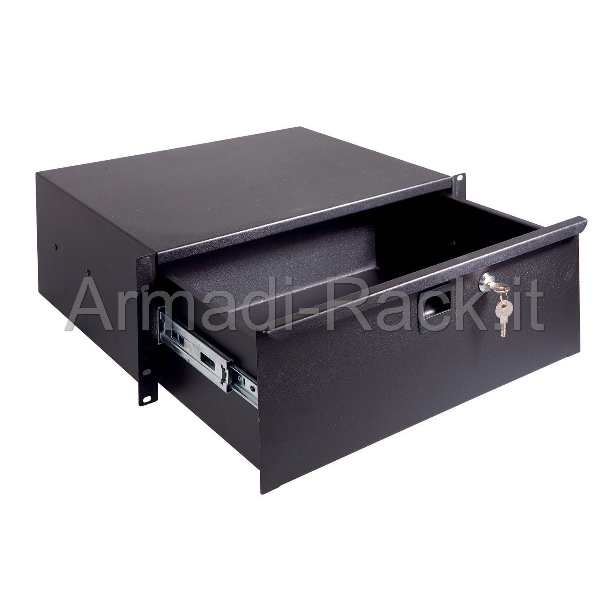 Cassetto rack 19 pollici 4 unit� colore nero RAL 9005 con serratura a chiave, maniglia a scatto, guide telescopiche a estrazione totale e cassetto sganciabile - dimensioni 44x35,5 peso 7,9kg