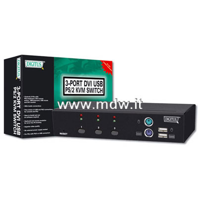 KVM SWITCH DVI 1 UTENTE (PS2 o USB), 3 PC  (USB) CON AUDIO