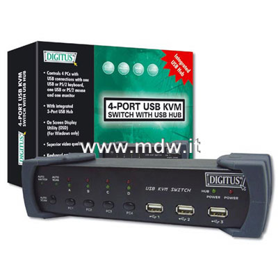 KVM SWITCH  1 UTENTE (PS2 & USB), 4 PC (USB) CON 3 PORTE USB, OSD