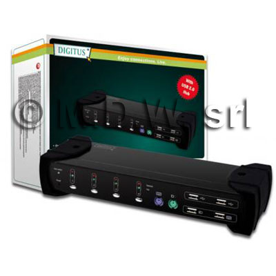 DATA SWITCH KVM 4 PORTE PER UN UTENTE E 4 PC (2 SET CAVI INCLUSI) CON CONDIVISIONE AUDIO E HUB 2 PORTE USB