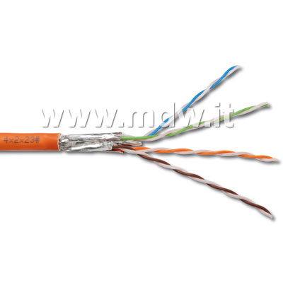 CAVO SOLIDO PER RETI CATEGORIA 7 1000MHZ S/FTP CLASSE F - 4 COPPIE SCHERMATURA SULLA COPPIA E SUL TOTALE, AWG 23, HALOGEN FREE LSOH - COLORE ARANCIONE MATASSA MT. 500 (AL METRO)