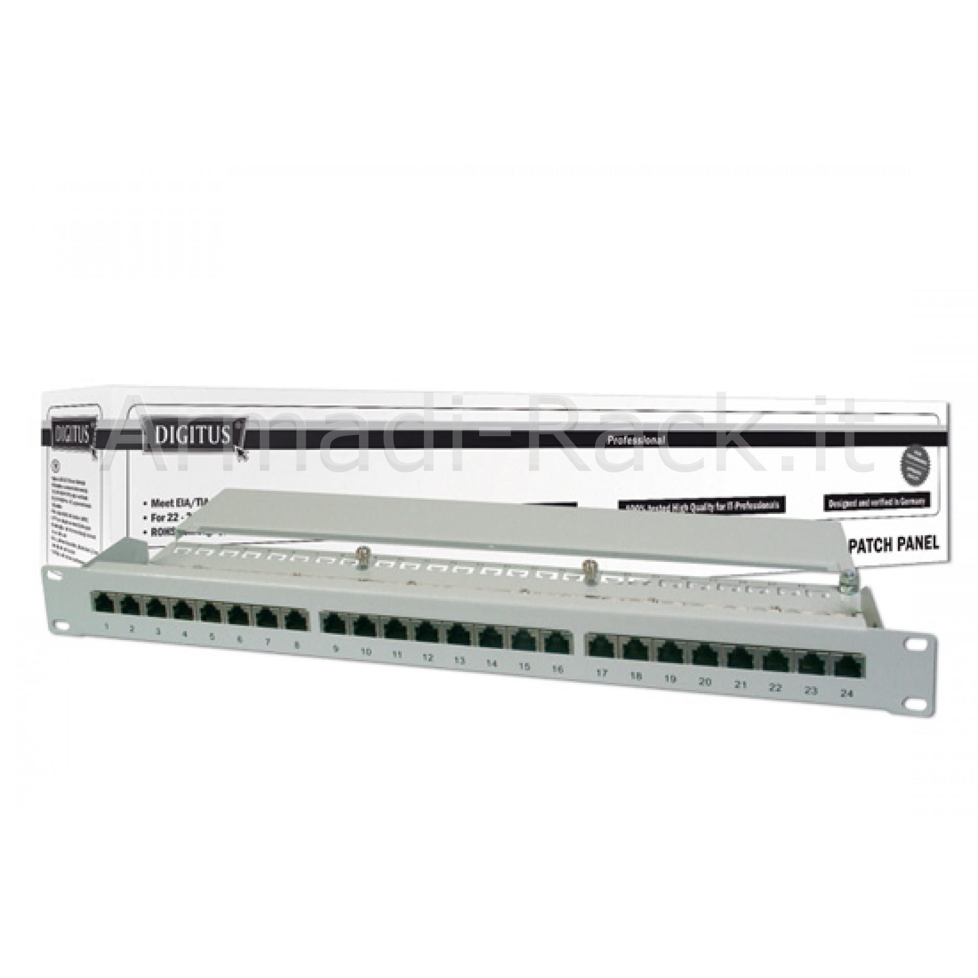 PANNELLO PATCH 19 SCHERMATO 24 PORTE 8 POLI RJ45 PER RETI CATEGORIA 5E - 1 UNITA'