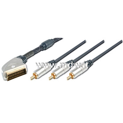 CAVO SCART VIDEO/AUDIO CONNETTORI 21 POLI MASCHIO - 3 X CINCH RCA CON SWITCH I/O MT.1.50 (METALLO CROMATO) (AK-AV 539)