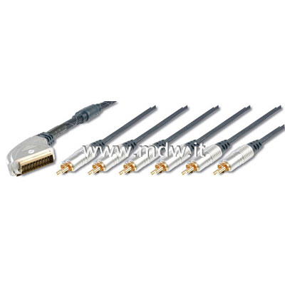 CAVO SCART 21 POLI - CONNETTORI 6 X CINCH AUDIO/VIDEO RCA MT. 1.50 (METALLO CROMATO CONTATTI DORATI) (AK-AV 537)