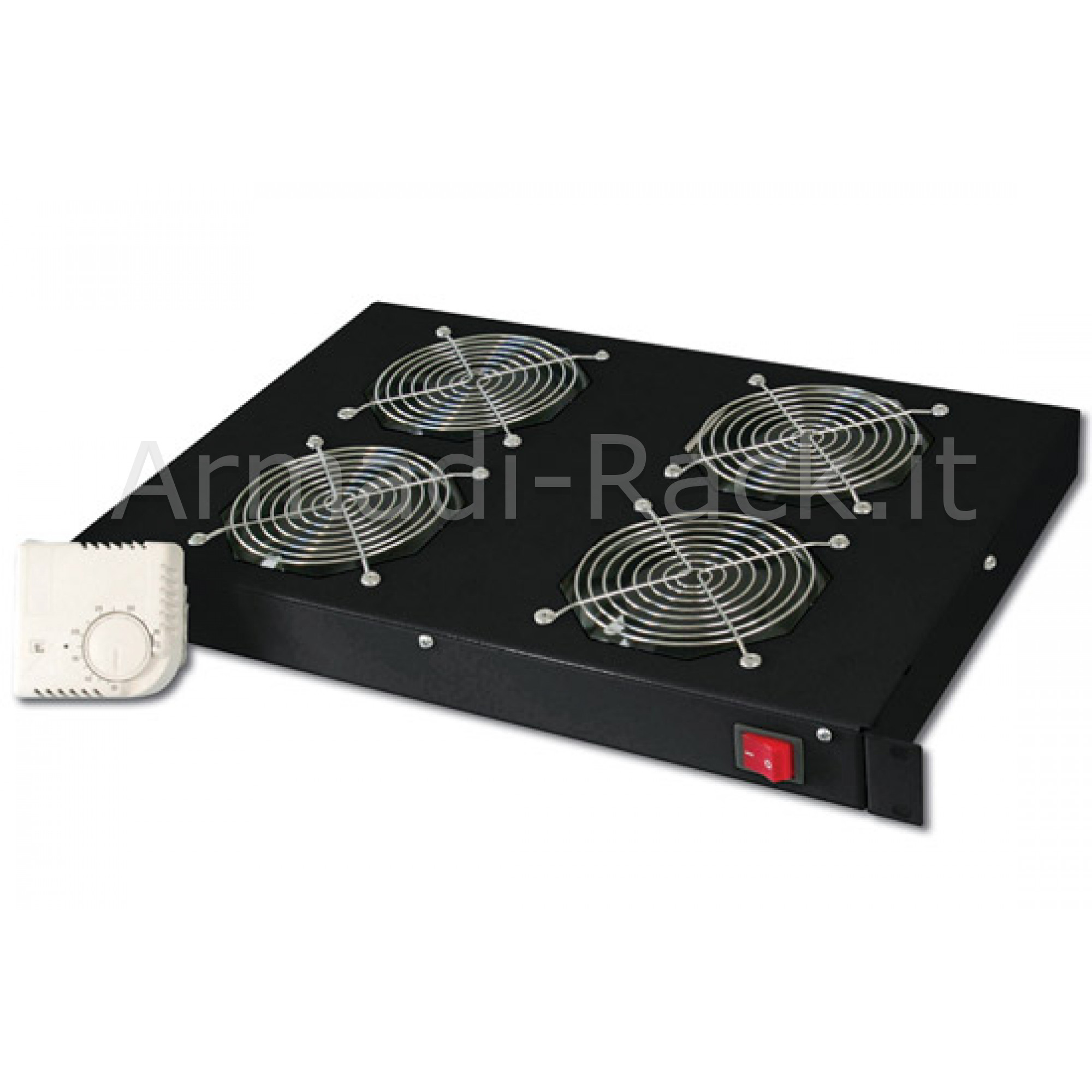 SISTEMA DI VENTILAZIONE CON TERMOSTATO MONTAGGIO FRONTALE IN ARMADIO 19  CON 4 VENTOLE - 12,8 METRI CUBI DI ARIA AL MINUTO - COLORE NERO RAL 9005