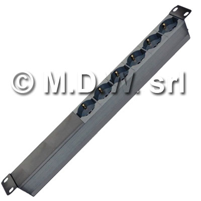 Multipresa 1 unità rack 19 pollici, 6 prese Unel universali 10/16A, Alimentazione diretta, Serie ALUMY struttura in alluminio estruso, con spina cavo alimentazione schuko 230 V