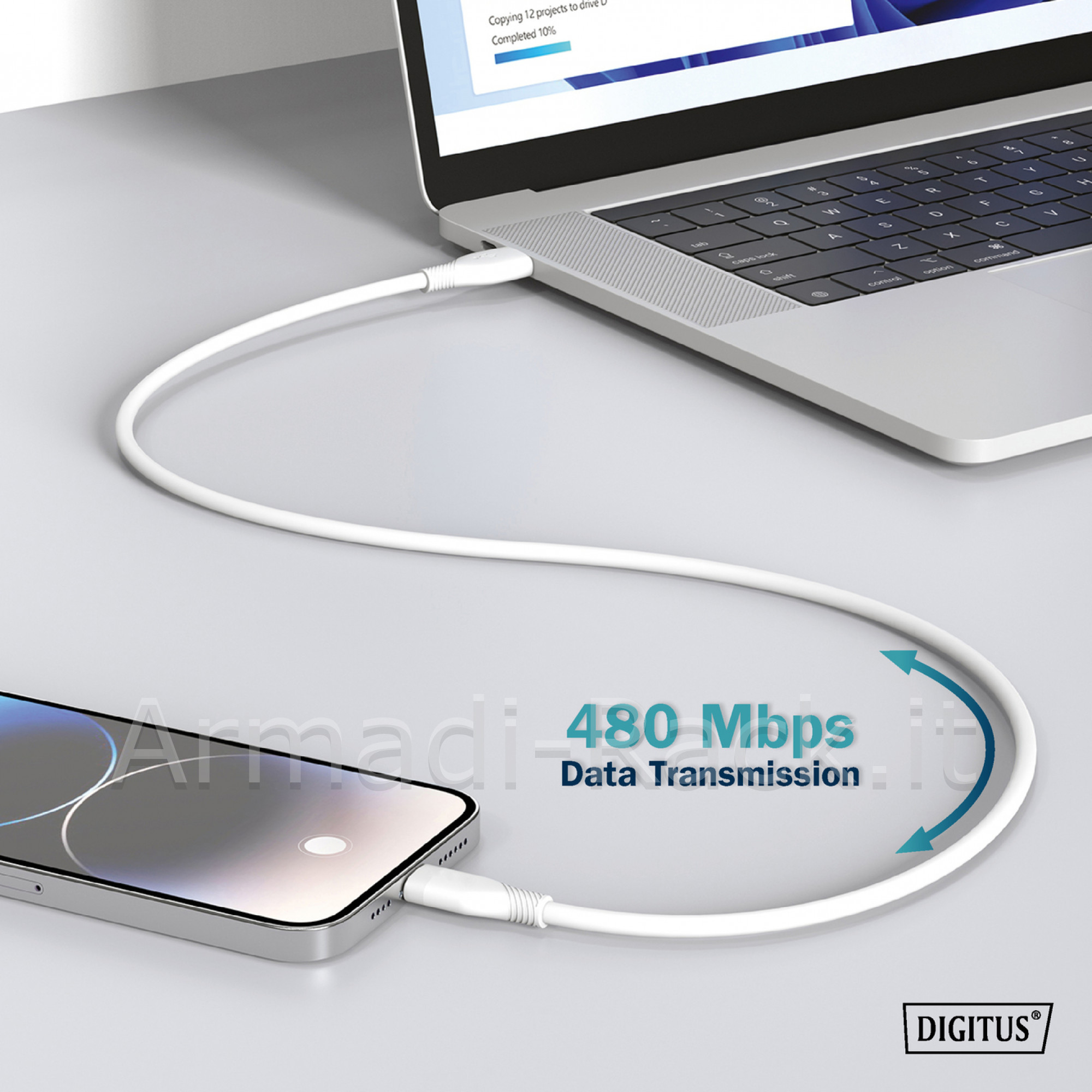 Cavo ricarica guaina silicone usb-a / usb-c 2m, usb 2.0, 60w, bianco