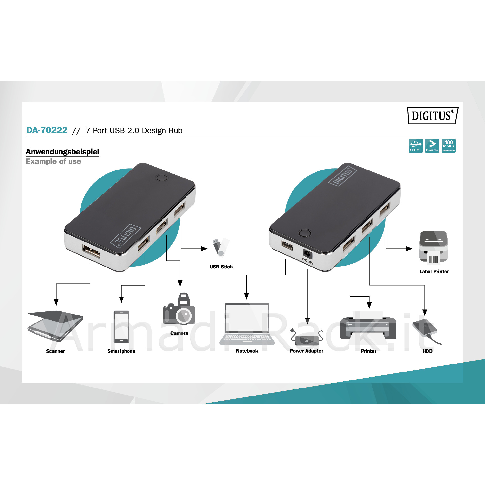 Hub usb 2.0 con 7 porte con alimentatore esterno colore argento-nero