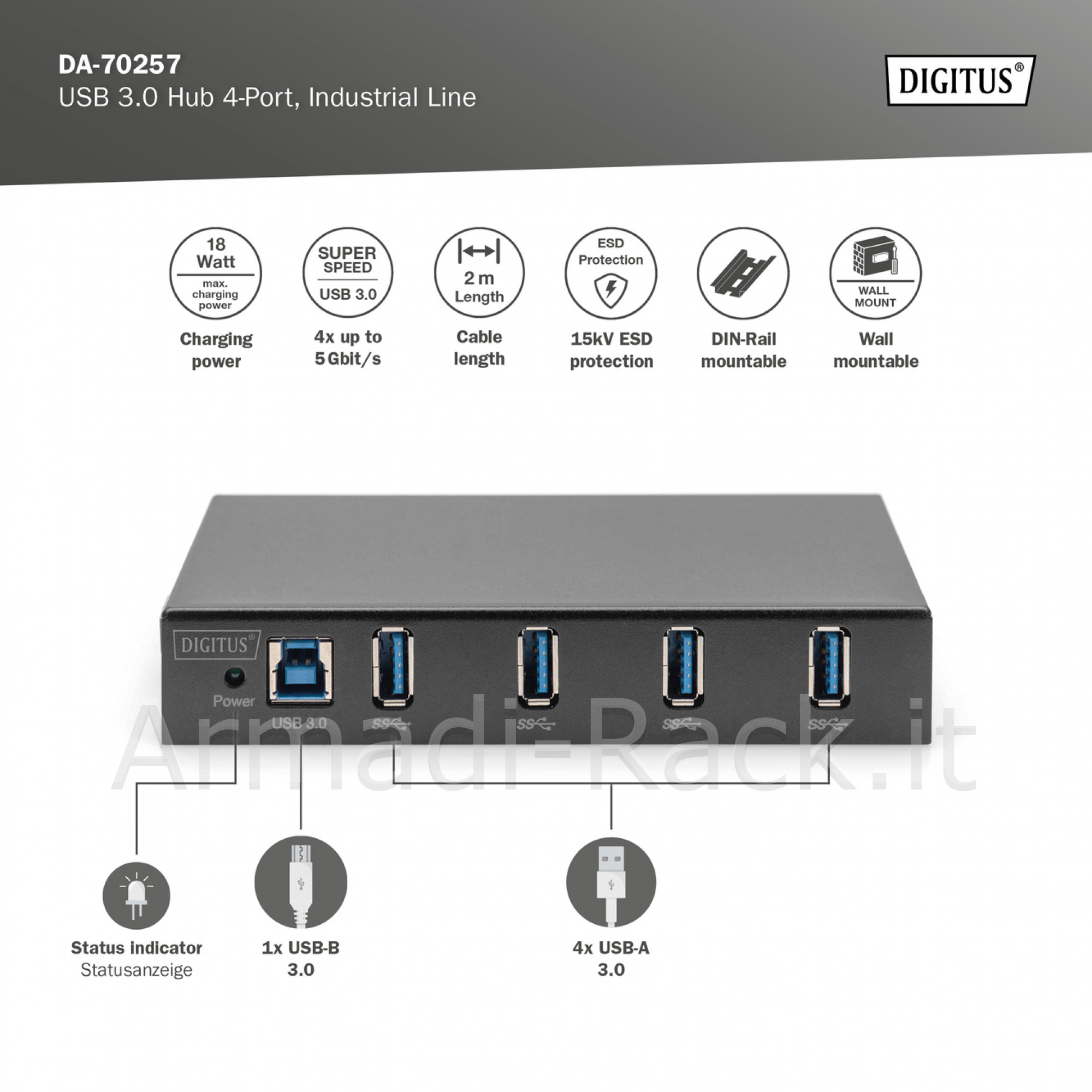 Digitus hub usb 3.0, 4 porte, industrial line