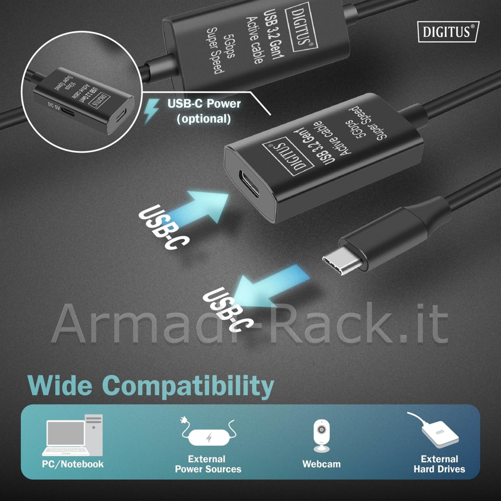 Cavo di prolunga attivo usb 3.2 gen1 5g, usb-c - usb-c, 10 mt
