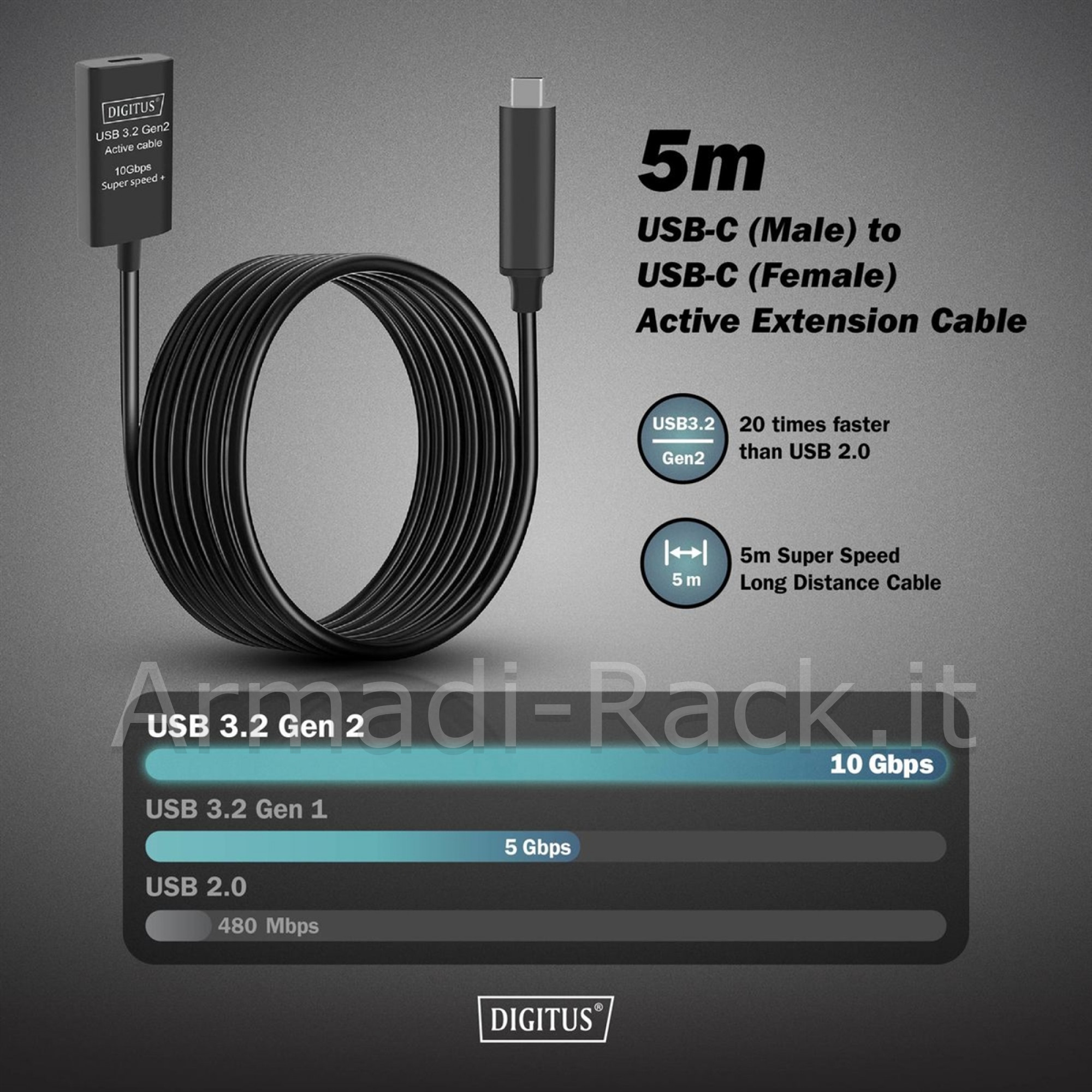 Digitus cavo di prolunga attivo usb 3.2 gen2 10g, usb-c - usb-c, 5 m