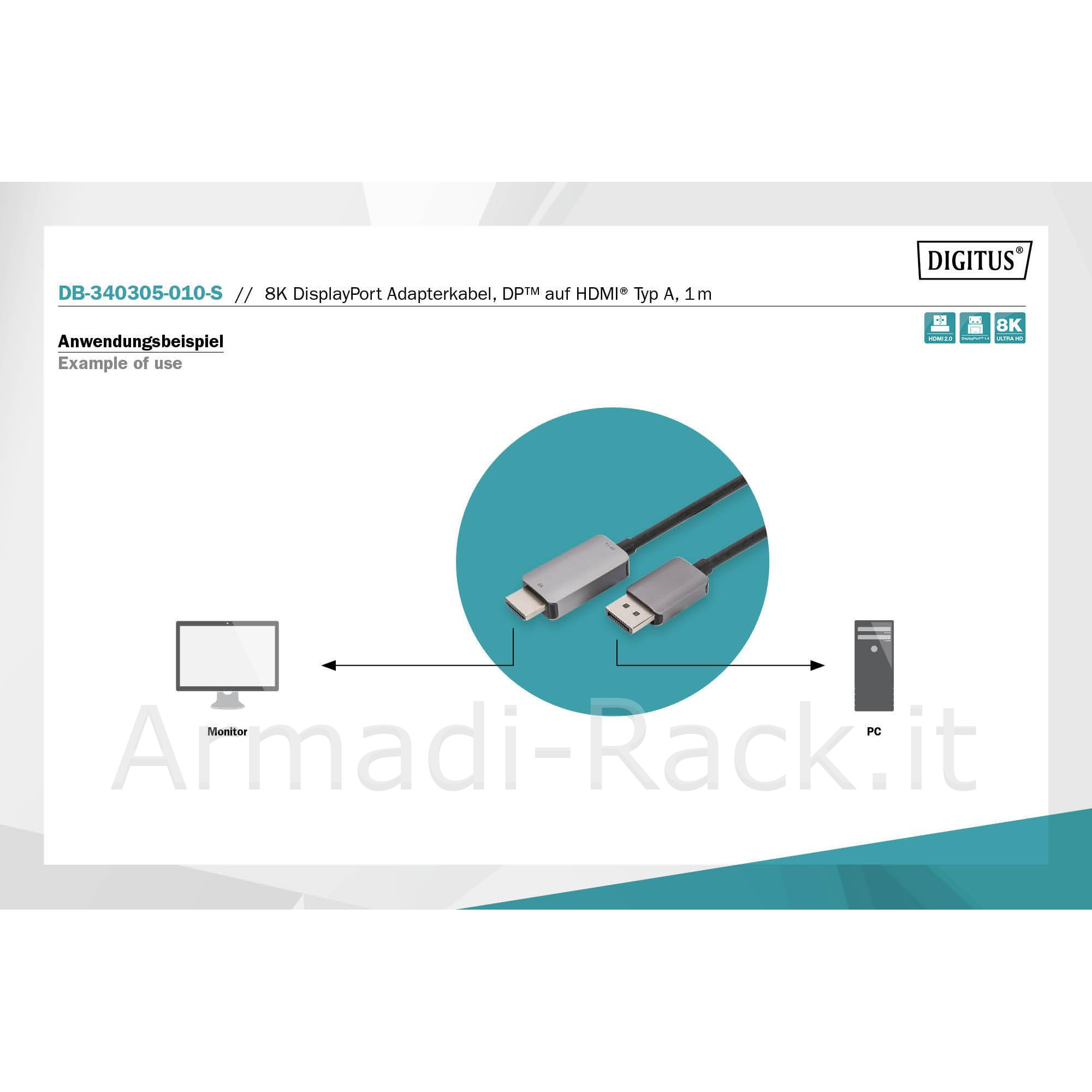 Digitus cavo adattatore displayport 8k, dp - hdmi tipo a mt 1