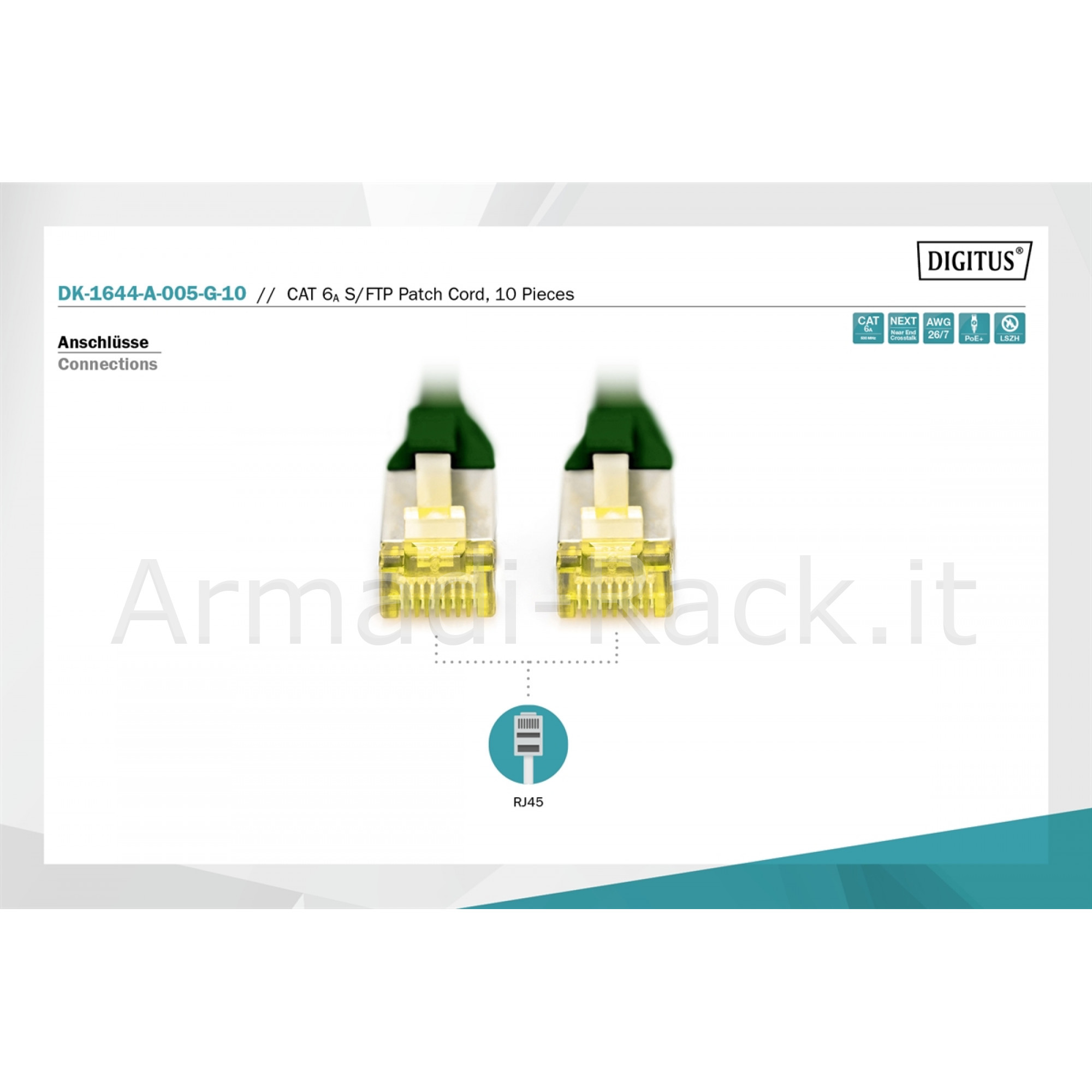 Cavo patch cat 6a s/ftp, 10 pezzi lunghezza 0,5 mt. colore verde