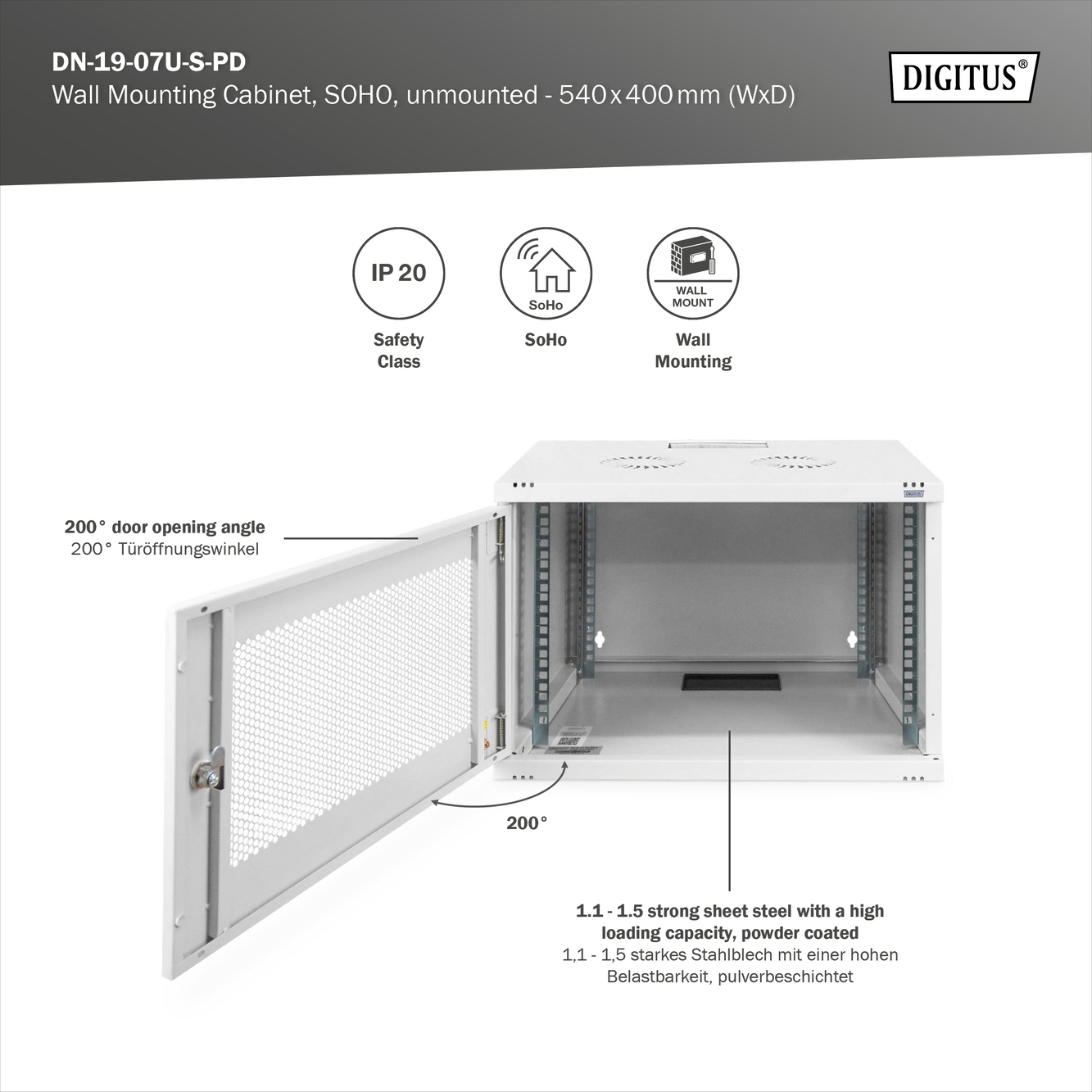 Digitus armadio rack 7u 19" a parete con porta grigliata, misure 540 x...