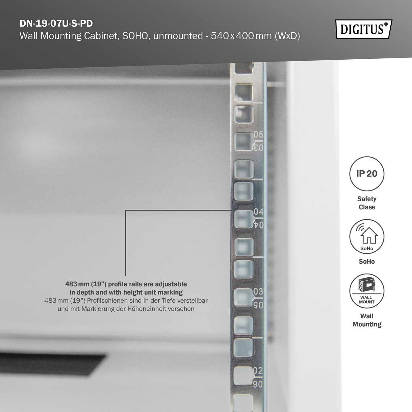 Digitus armadio rack 7u 19" a parete con porta grigliata, misure 540 x...