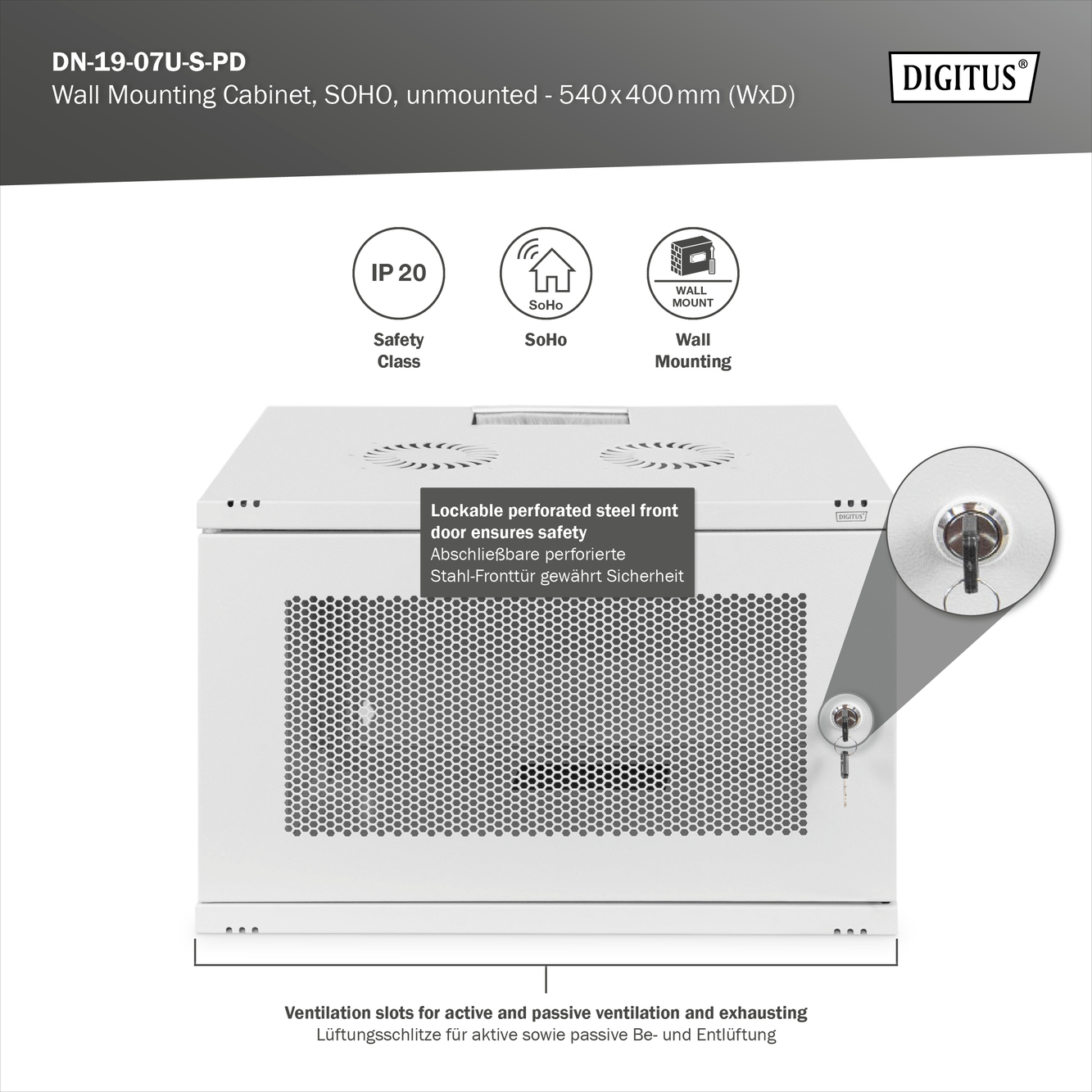 Digitus armadio rack 7u 19" a parete con porta grigliata, misure 540 x...