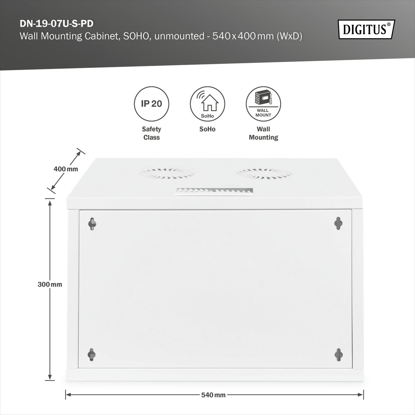 Digitus armadio rack 7u 19" a parete con porta grigliata, misure 540 x...