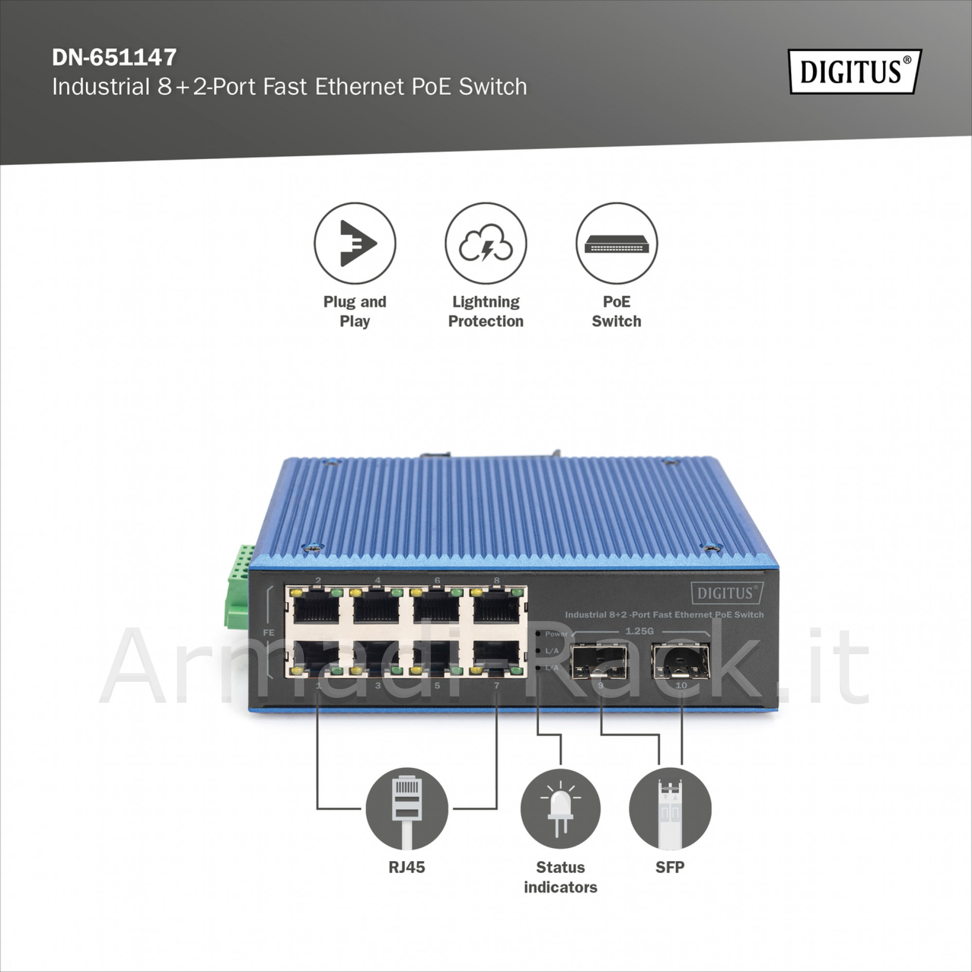 Switch fast ethernet poe industriale a 8+2 porte