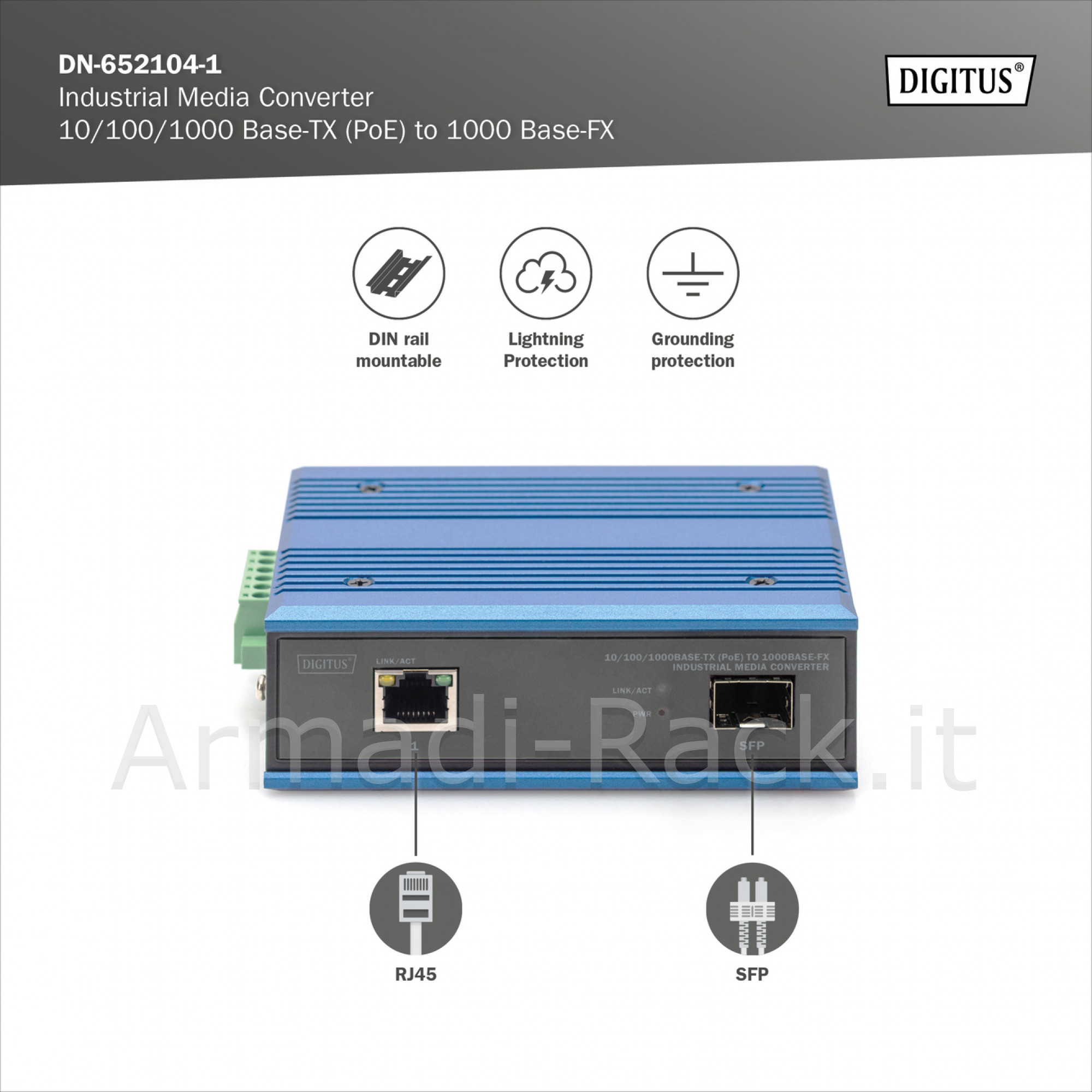 Digitus 10/100/1000base-tx (poe) a 1000base-fx media converter...