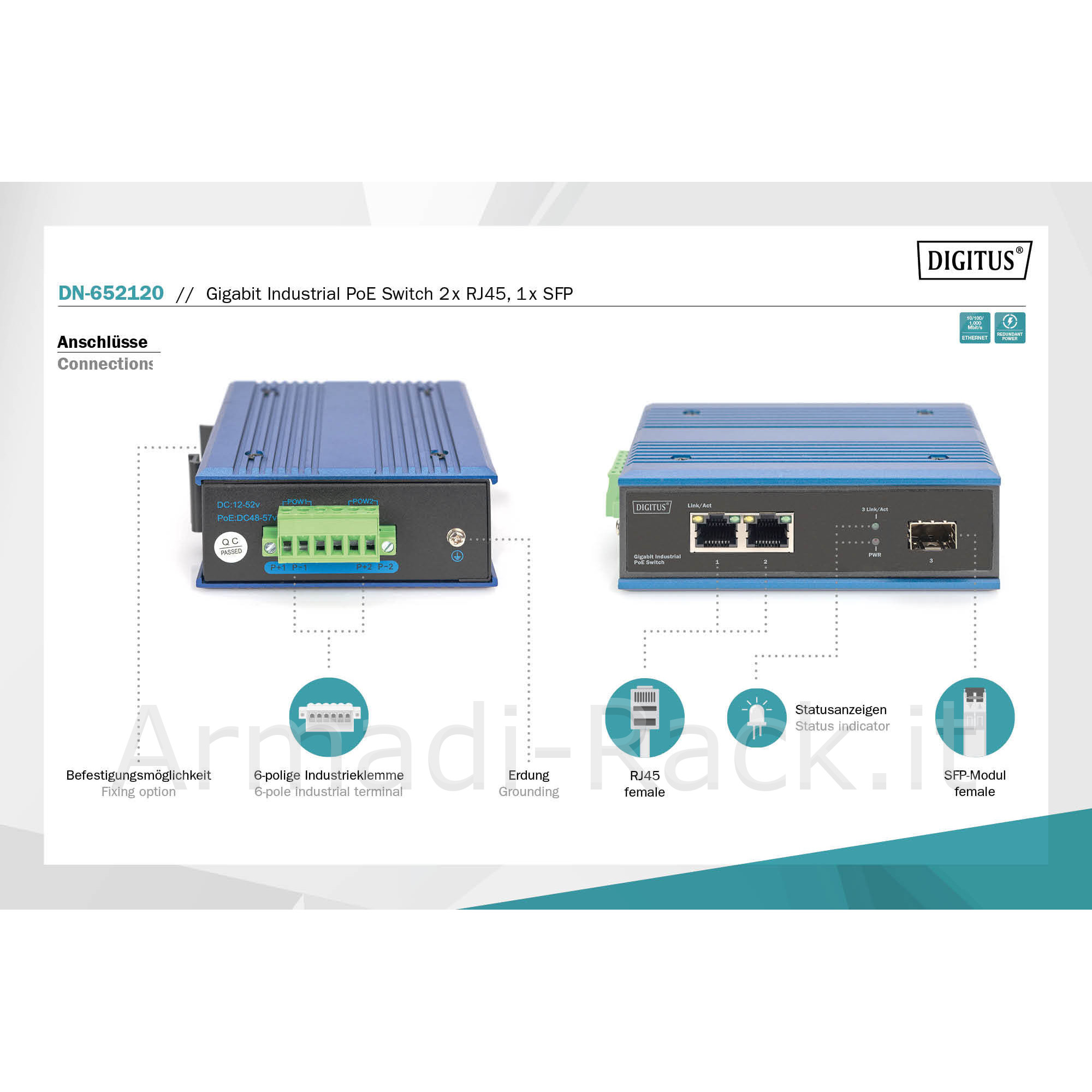 Gigabit switch industriale poe 2 x rj45, 1x sfp