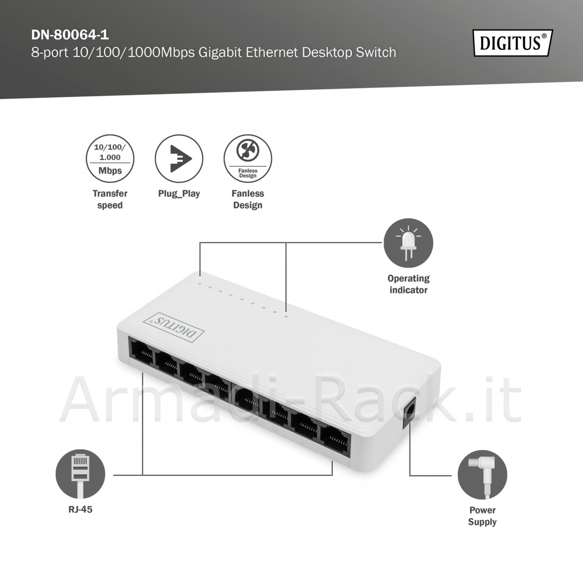 Digitus switch gigabit 8 porte, non gestito (4)
