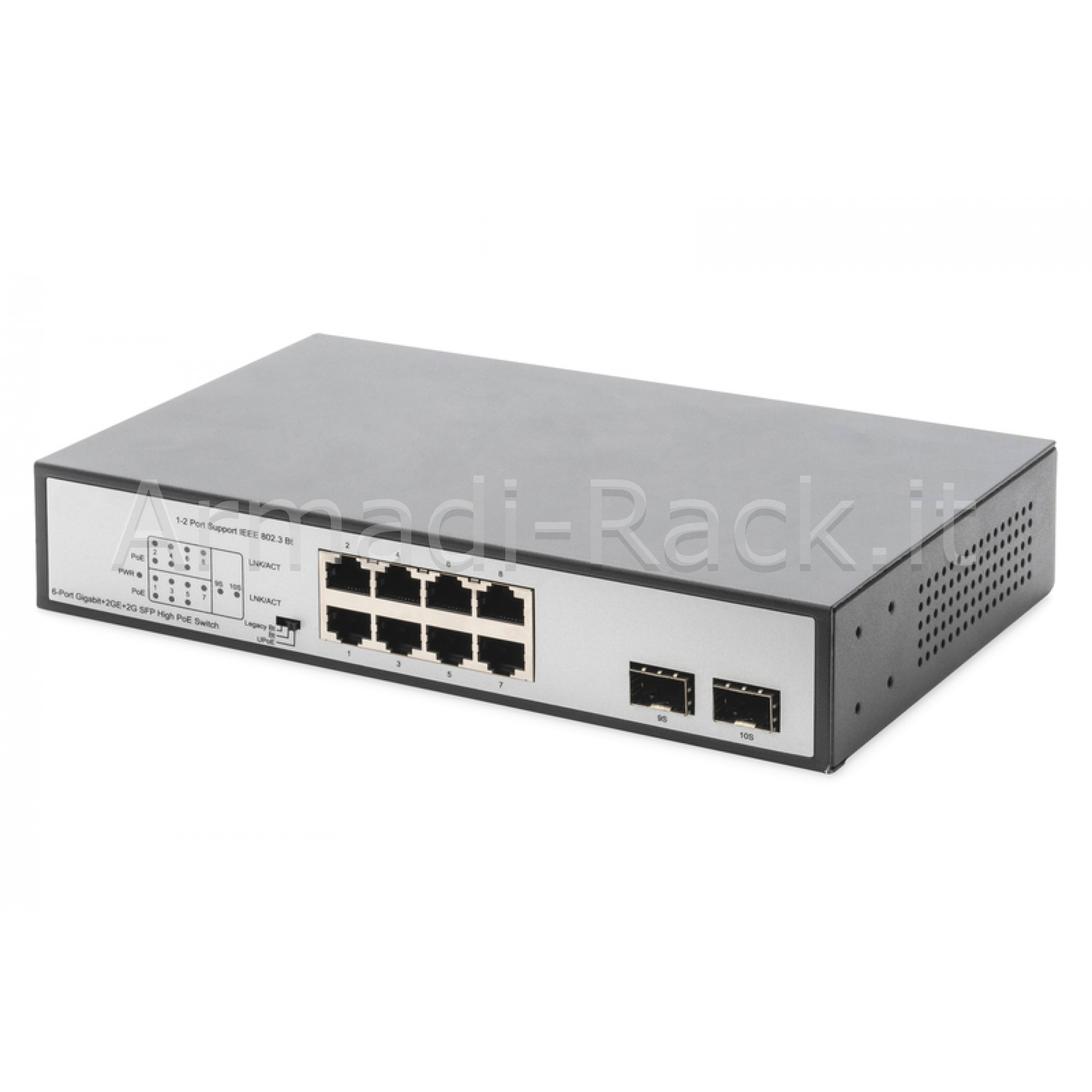 switch gigabit 8 porte con 6 x porte poe, 2 x rj45, 2 x sfp - Armadi Rack