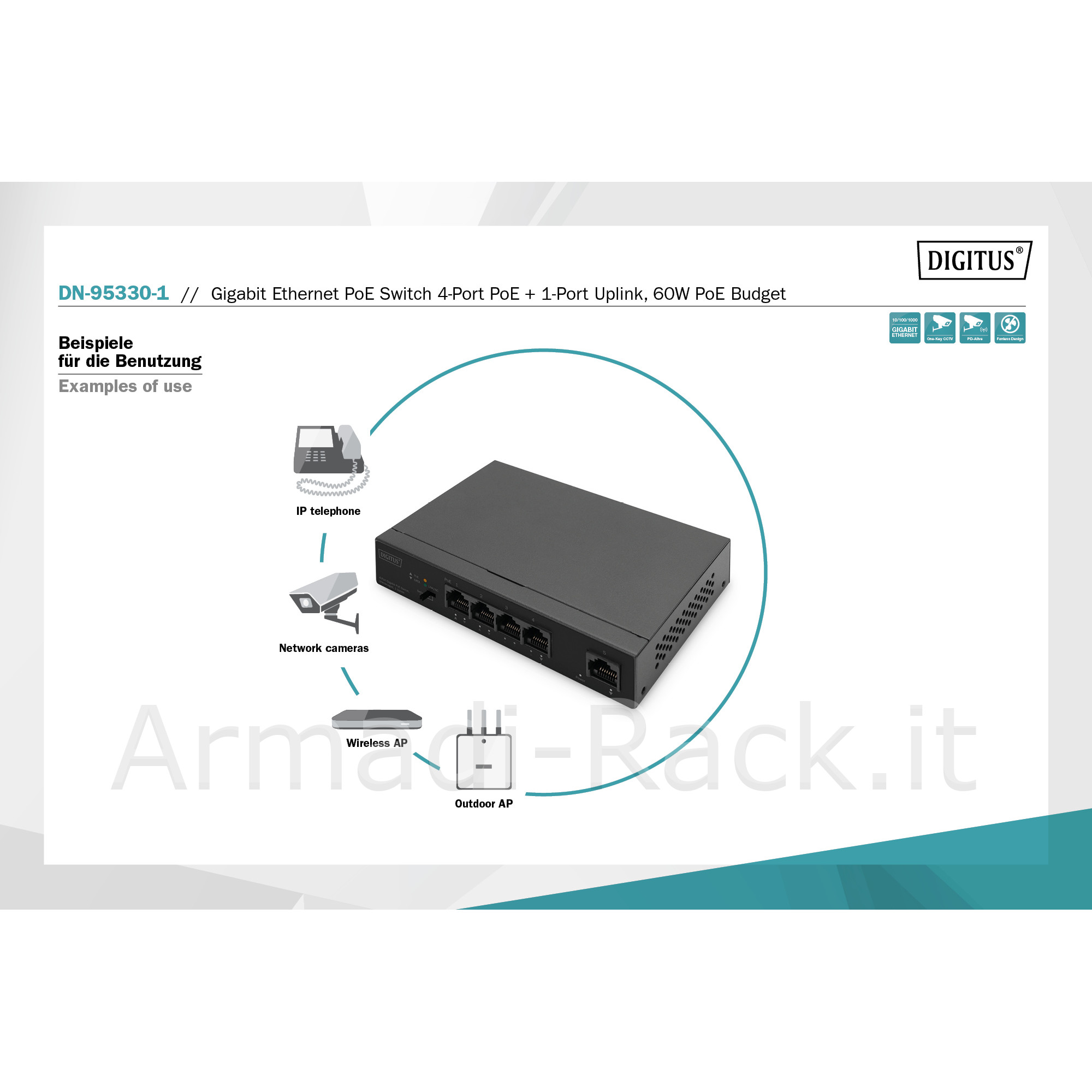 Digitus switch 4 porte gigabit poe unmanaged, 1 uplink