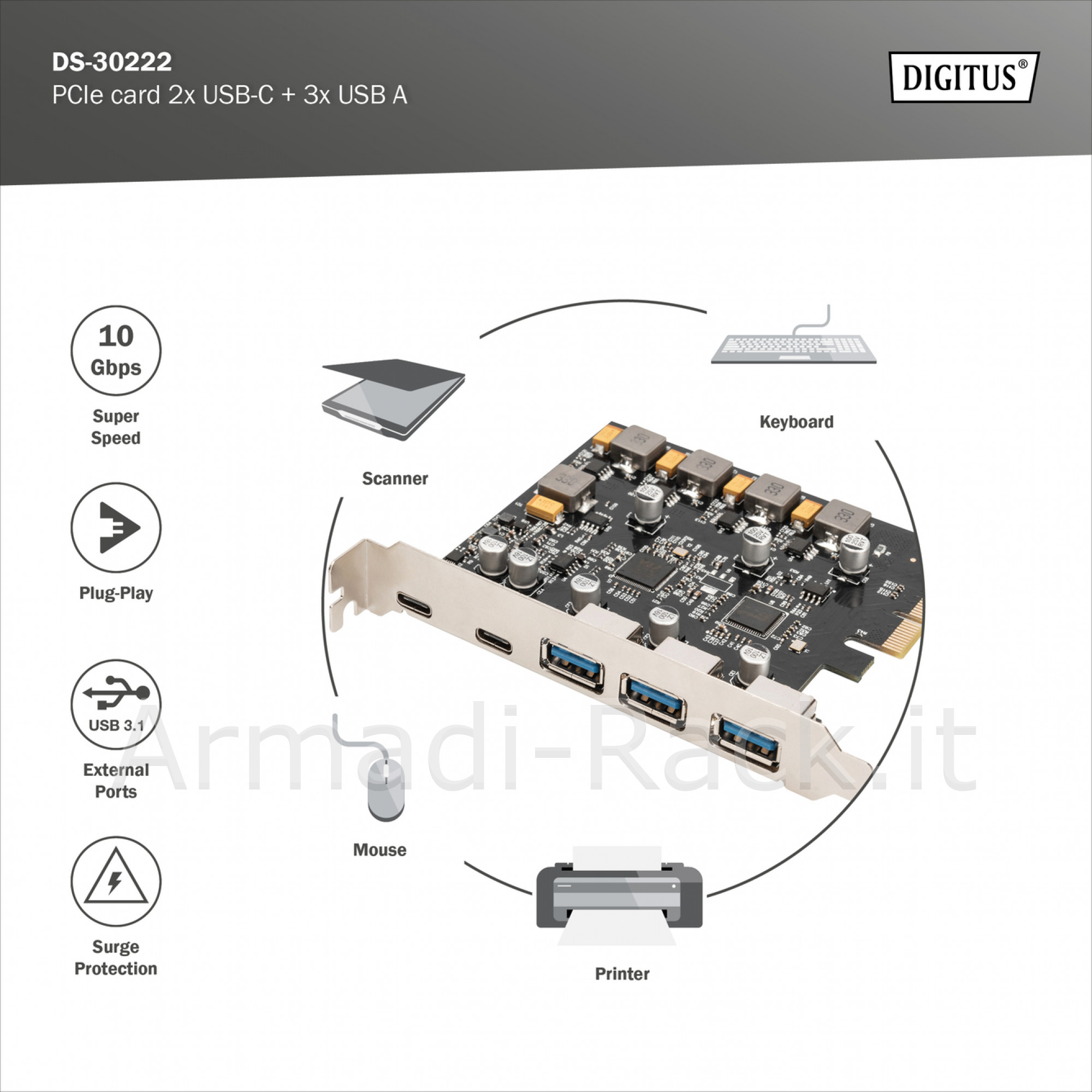 Digitus scheda pcie 2 usb-c + 3 usb a