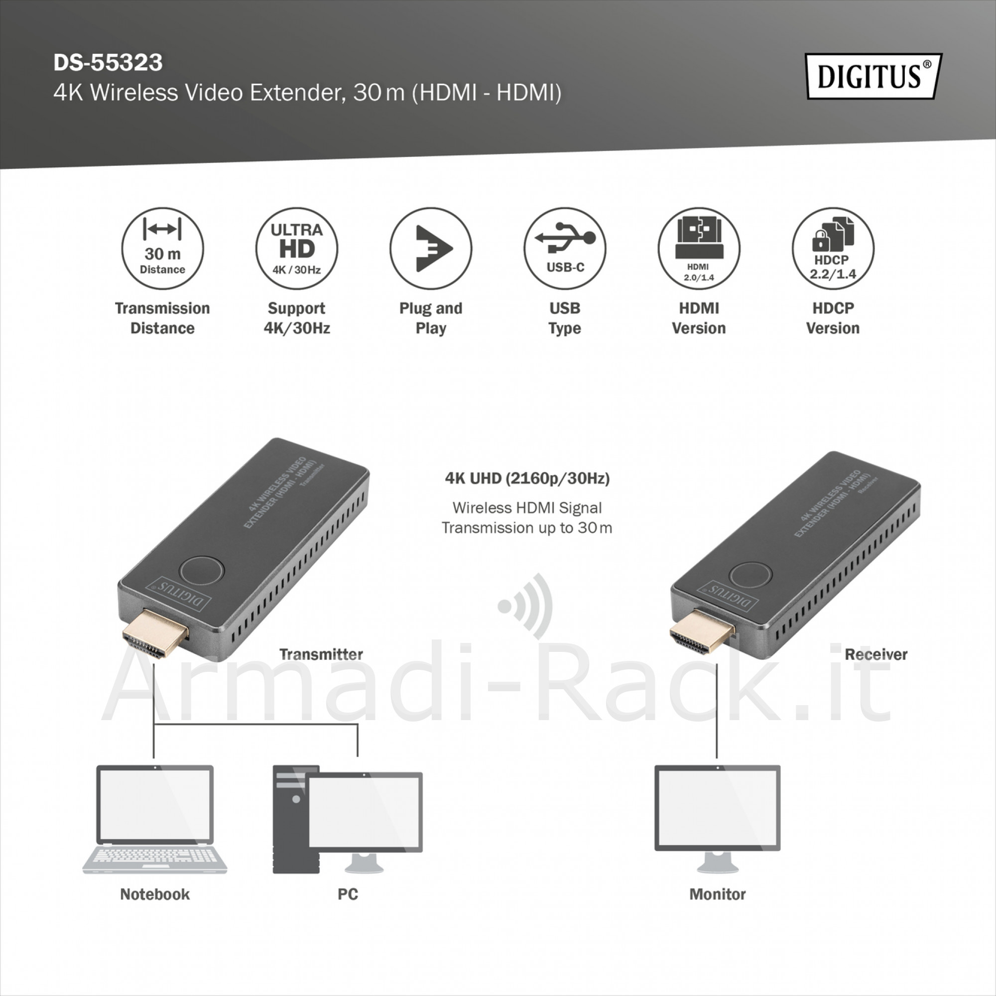 Extender video 4k wireless, 30 m (hdmi - hdmi)