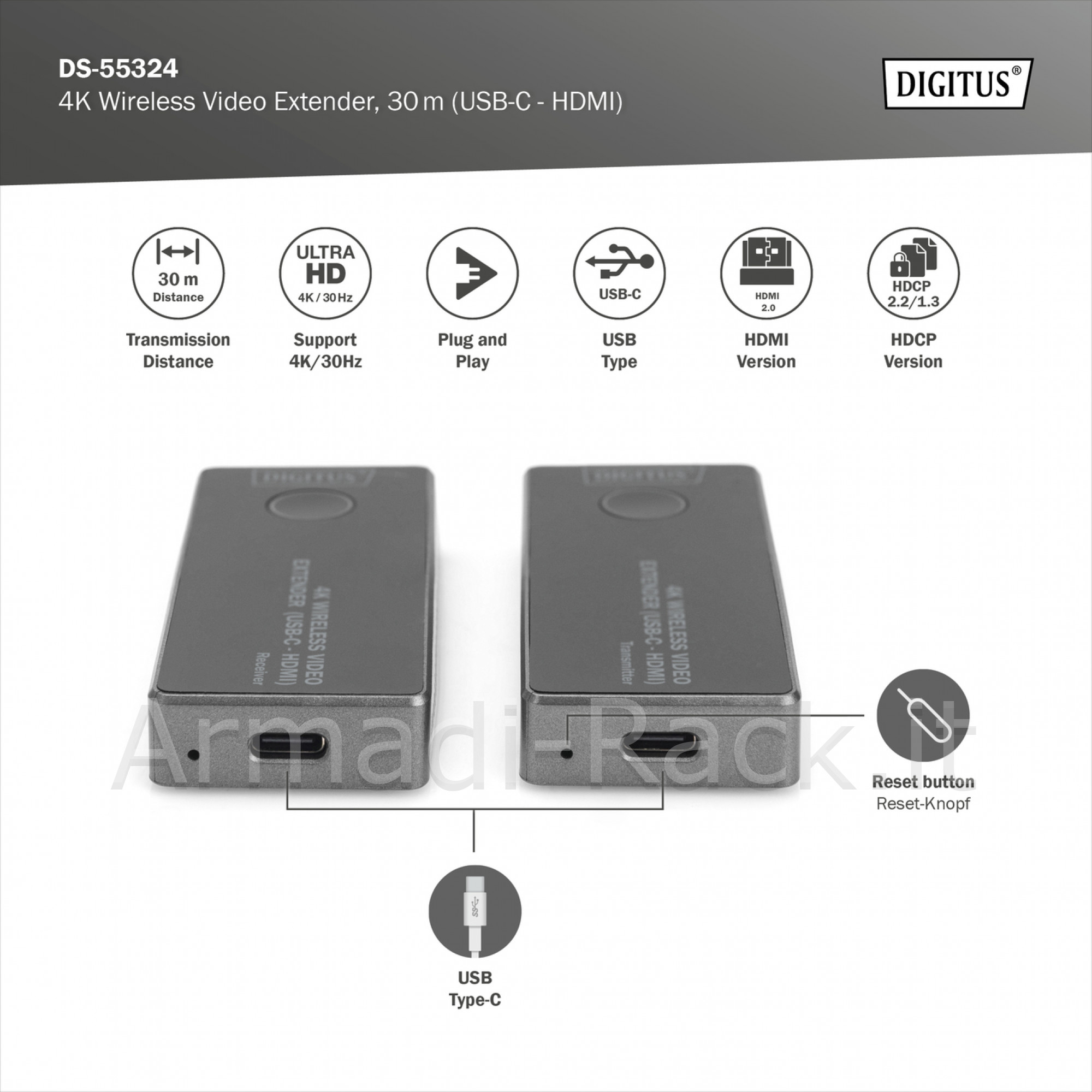Extender video 4k wireless, 30 m (usb-c - hdmi)