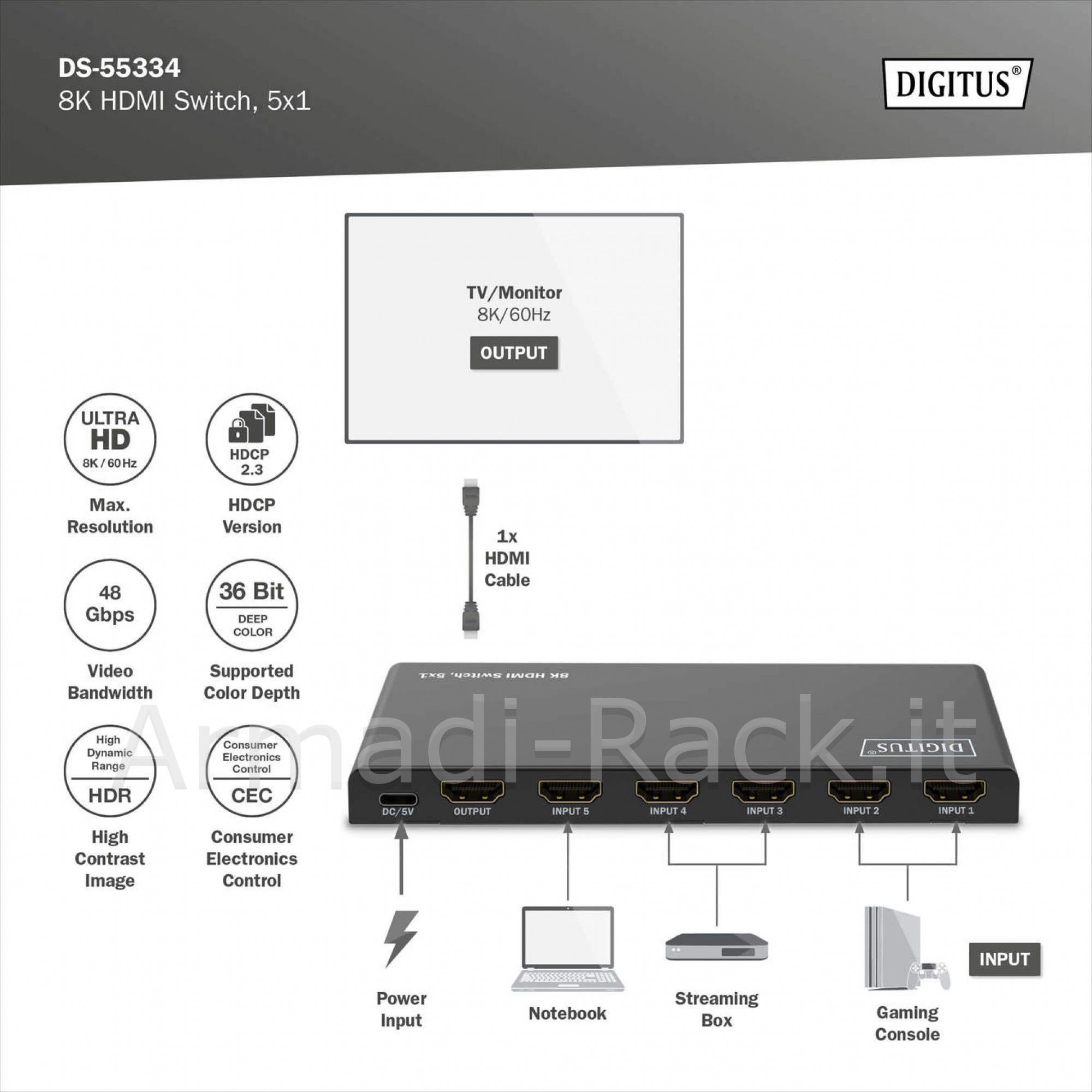 Switch hdmi 5x1 8k/60hz (4:4:4), hdr, hdcp2.3