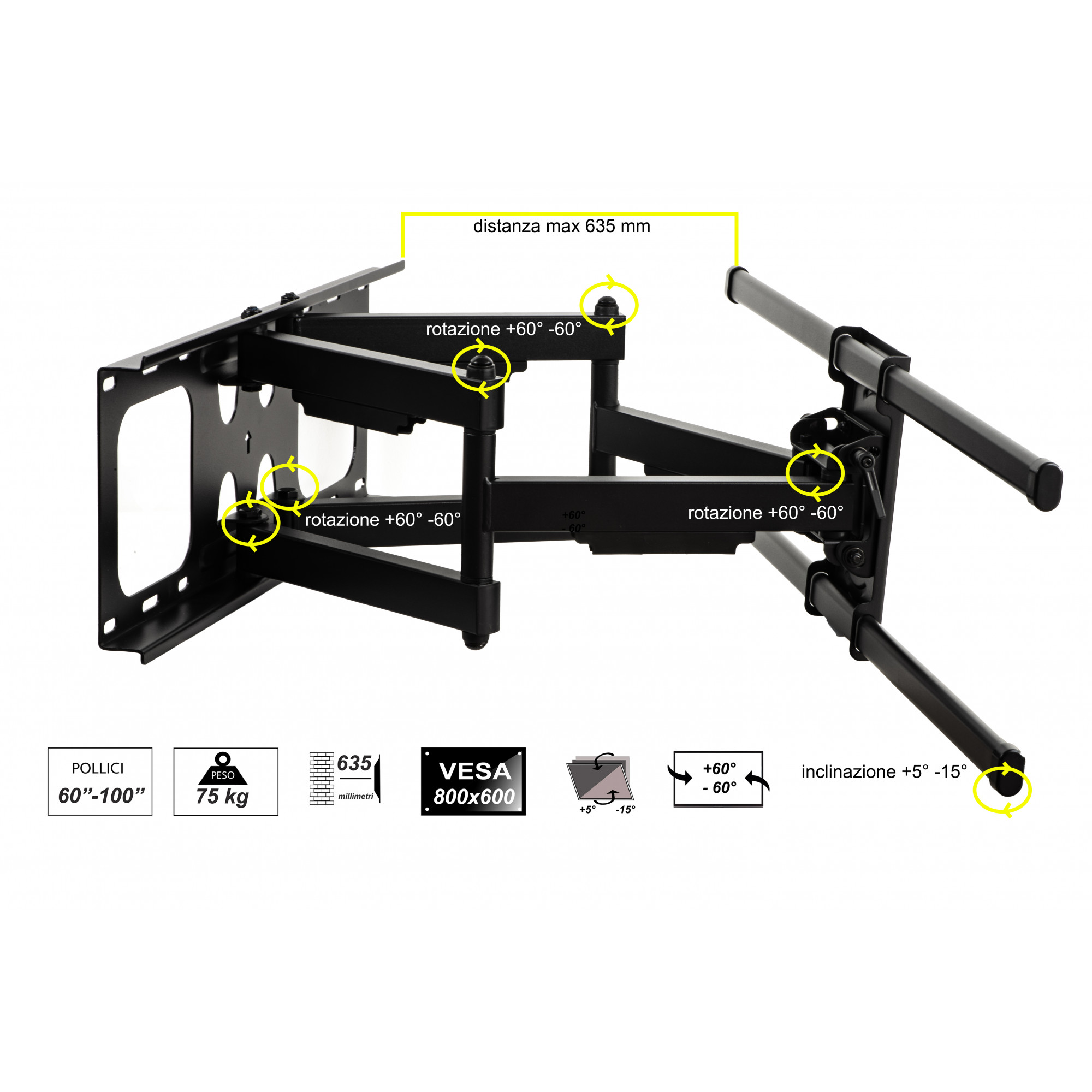 Staffa a muro per monitor tv 60-100" fino a 75 kg estensione fino a...