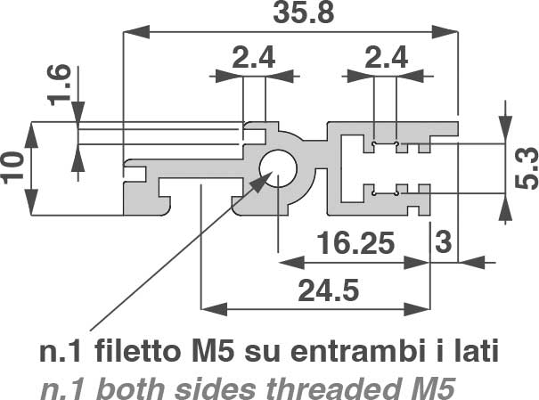 Profilo anteriore subracks ad un solo foro di fissaggio filettato M5,...
