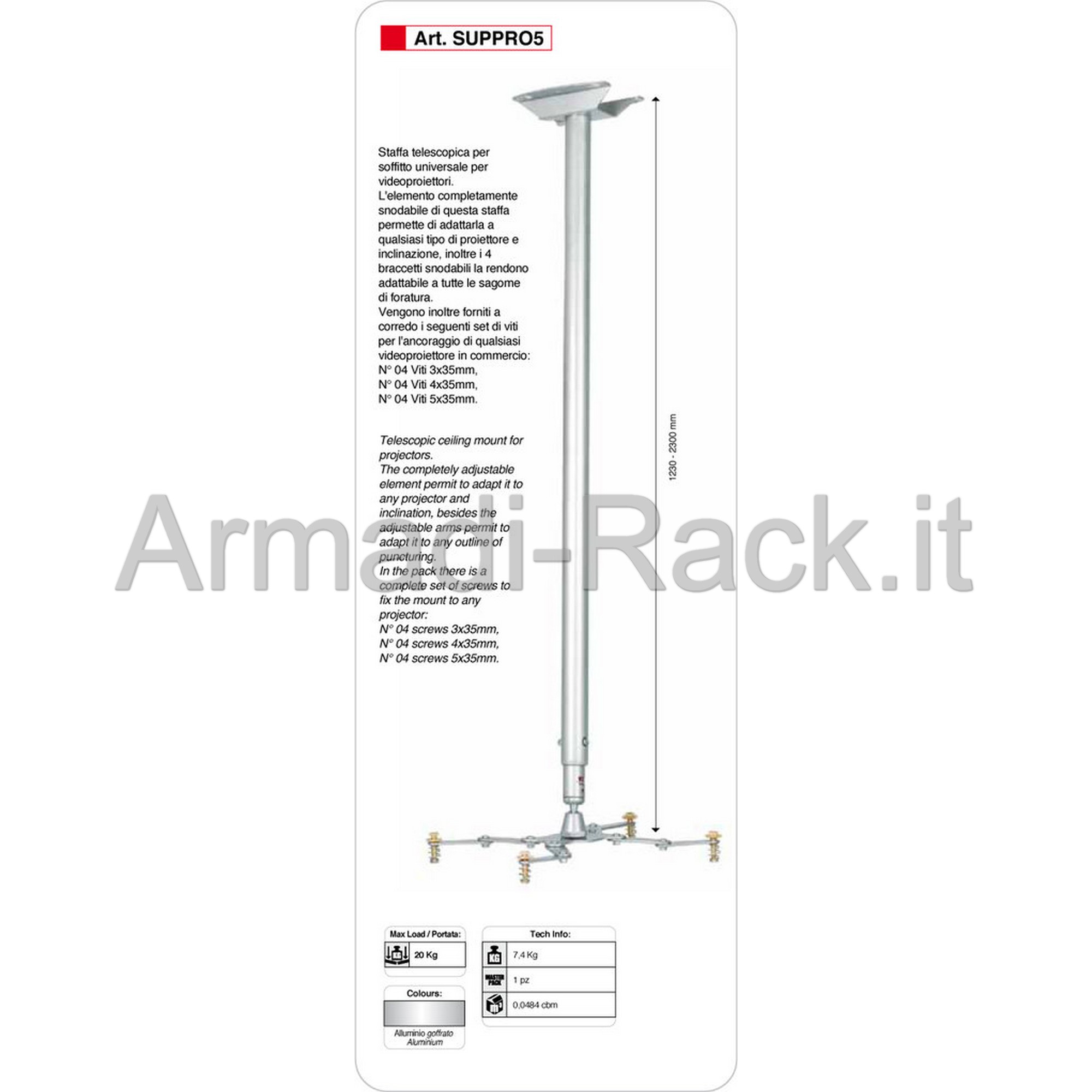 Supporto universale telescopico da soffitto per videoproiettori....