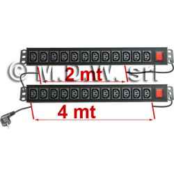 2 Multiprese 12 IEC C13 + spia luminosa, montaggio rack 19”, gemelle unite con cavo di 2 mt ed attestate con un unico cavo di 4 mt