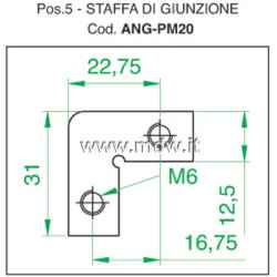 Staffetta angolare 90° di giunzione, piastrina ad 'L' con fori filettati M6 passo rack, in ferro zincato spessore 2 mm