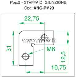 Staffetta angolare 90° di giunzione, piastrina ad 'L' con fori filettati M6 passo rack, in ferro zincato spessore 2 mm