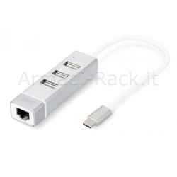 Hub usb 3.0 con 3 porte usb 3.0 tipo a e 1 porta rete rj45, connettore maschio tipo c