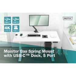 supporto per monitor intelligente con docking station integrata, molla a gas e fissaggio a morsetto.