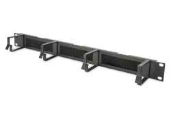 1U pannello gestione cavi con ingressi protetti da spazzola, 4 anelli in alluminio 44x60 mm, nero (RAL 9005)