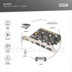 Digitus scheda pcie 2 usb-c + 3 usb a