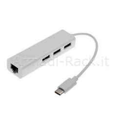 Adattatore usb-c maschio con presa rete rj45 10/100 + hub 3 porte usb 2.0